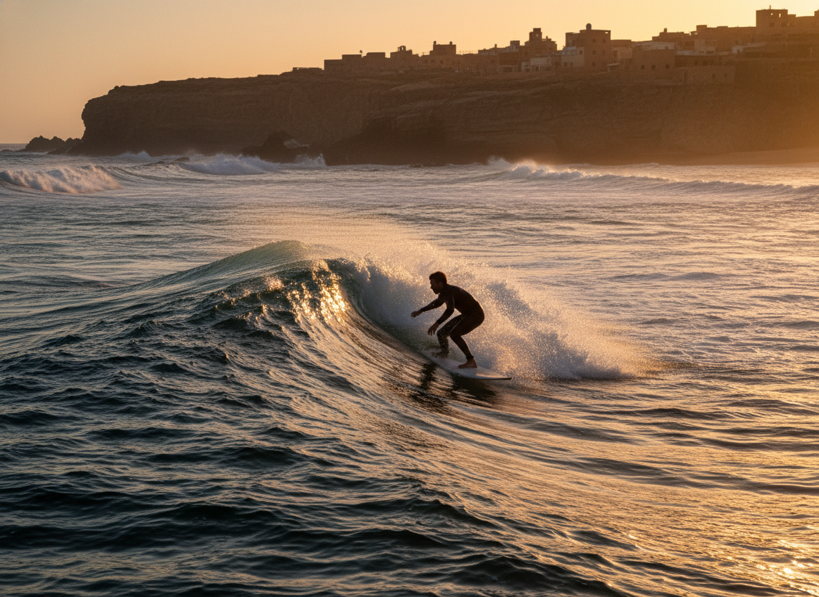 Surfer riding a clean wave at a Moroccan point break