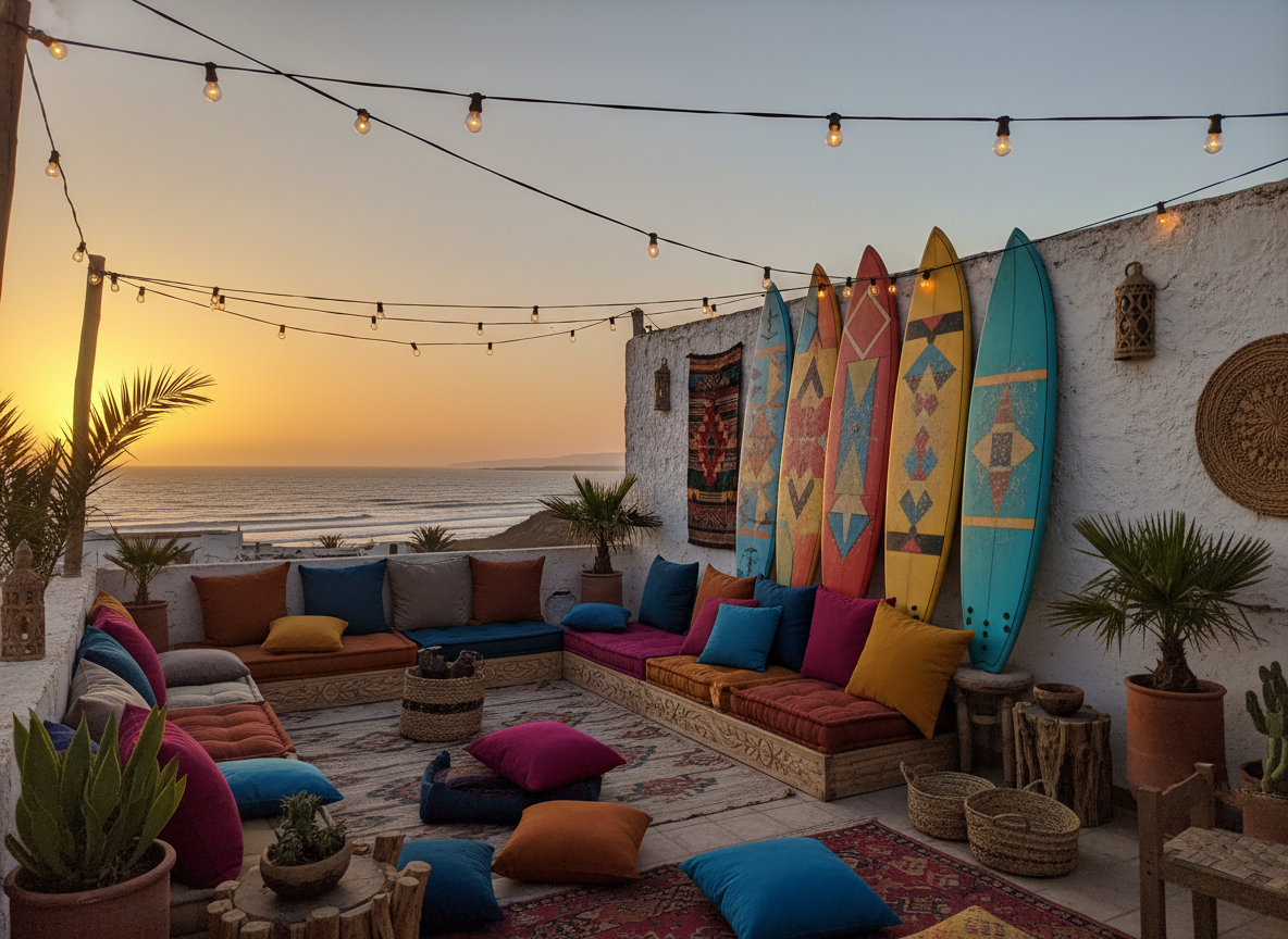 Rooftop terrace of the surf house at sunset